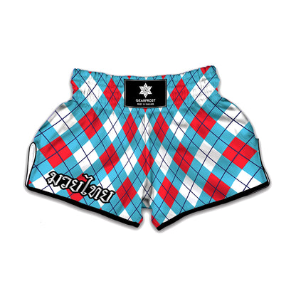 Red Blue And White Argyle Pattern Print Muay Thai Boxing Shorts