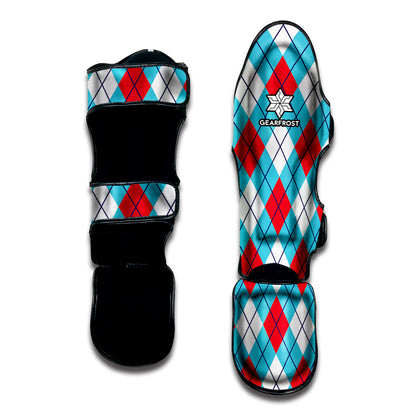Red Blue And White Argyle Pattern Print Muay Thai Shin Guard