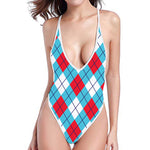 Red Blue And White Argyle Pattern Print One Piece High Cut Swimsuit