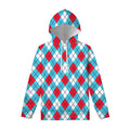 Red Blue And White Argyle Pattern Print Pullover Hoodie