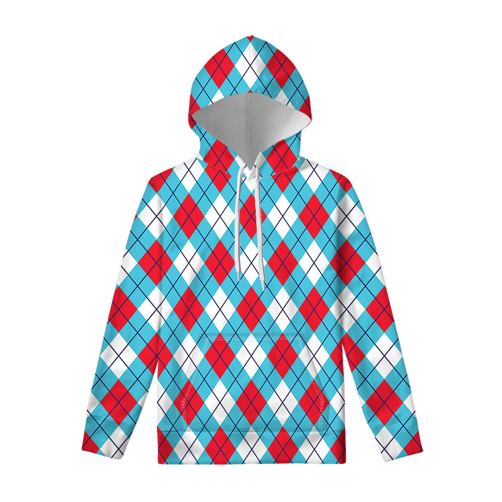 Red Blue And White Argyle Pattern Print Pullover Hoodie
