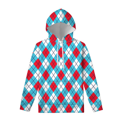 Red Blue And White Argyle Pattern Print Pullover Hoodie