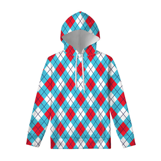 Red Blue And White Argyle Pattern Print Pullover Hoodie