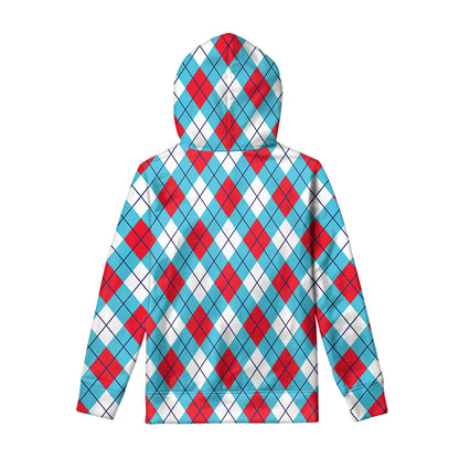 Red Blue And White Argyle Pattern Print Pullover Hoodie