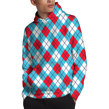 Red Blue And White Argyle Pattern Print Pullover Hoodie