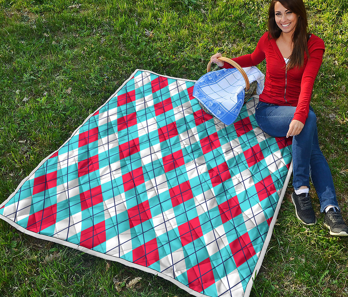 Red Blue And White Argyle Pattern Print Quilt