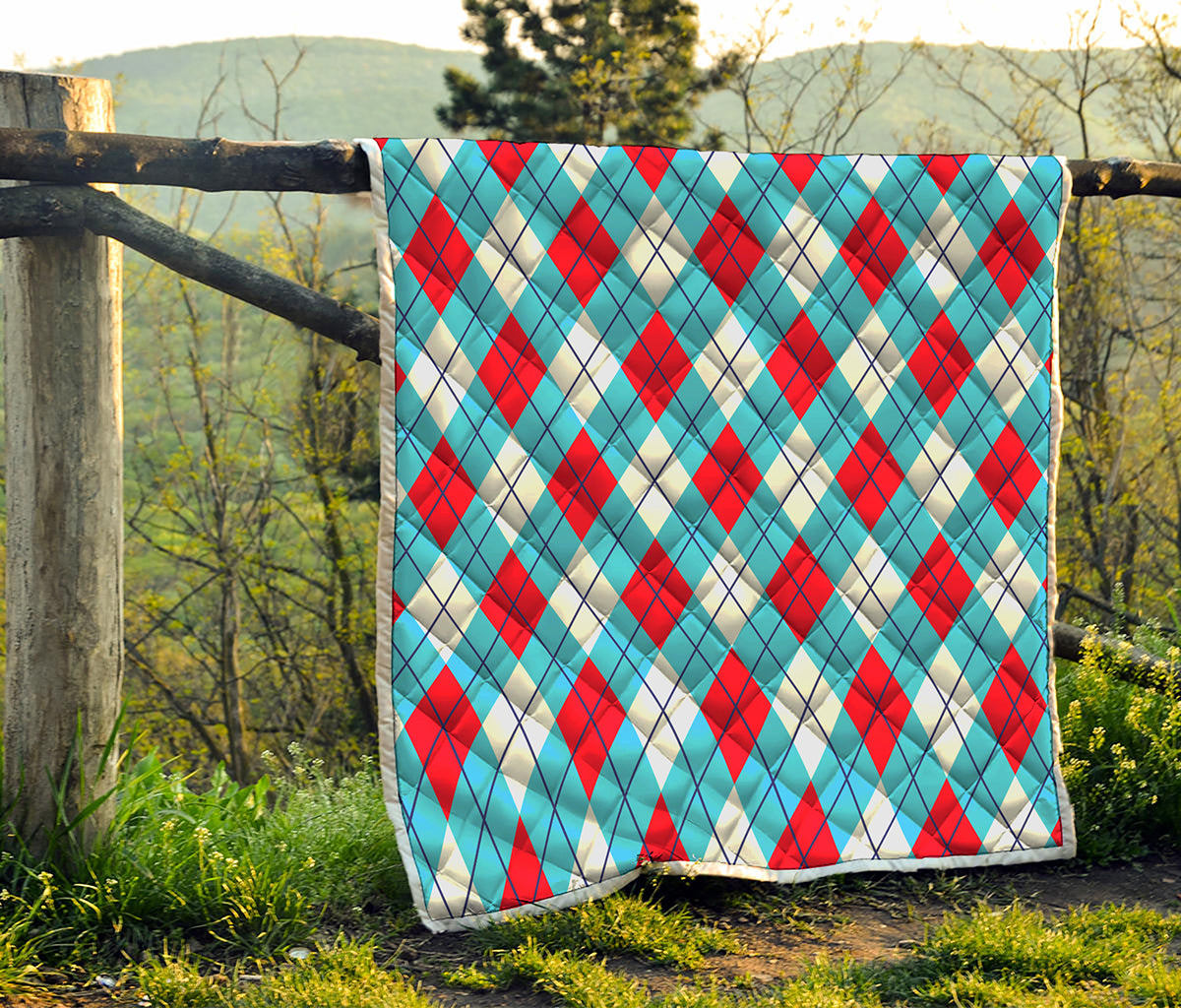 Red Blue And White Argyle Pattern Print Quilt