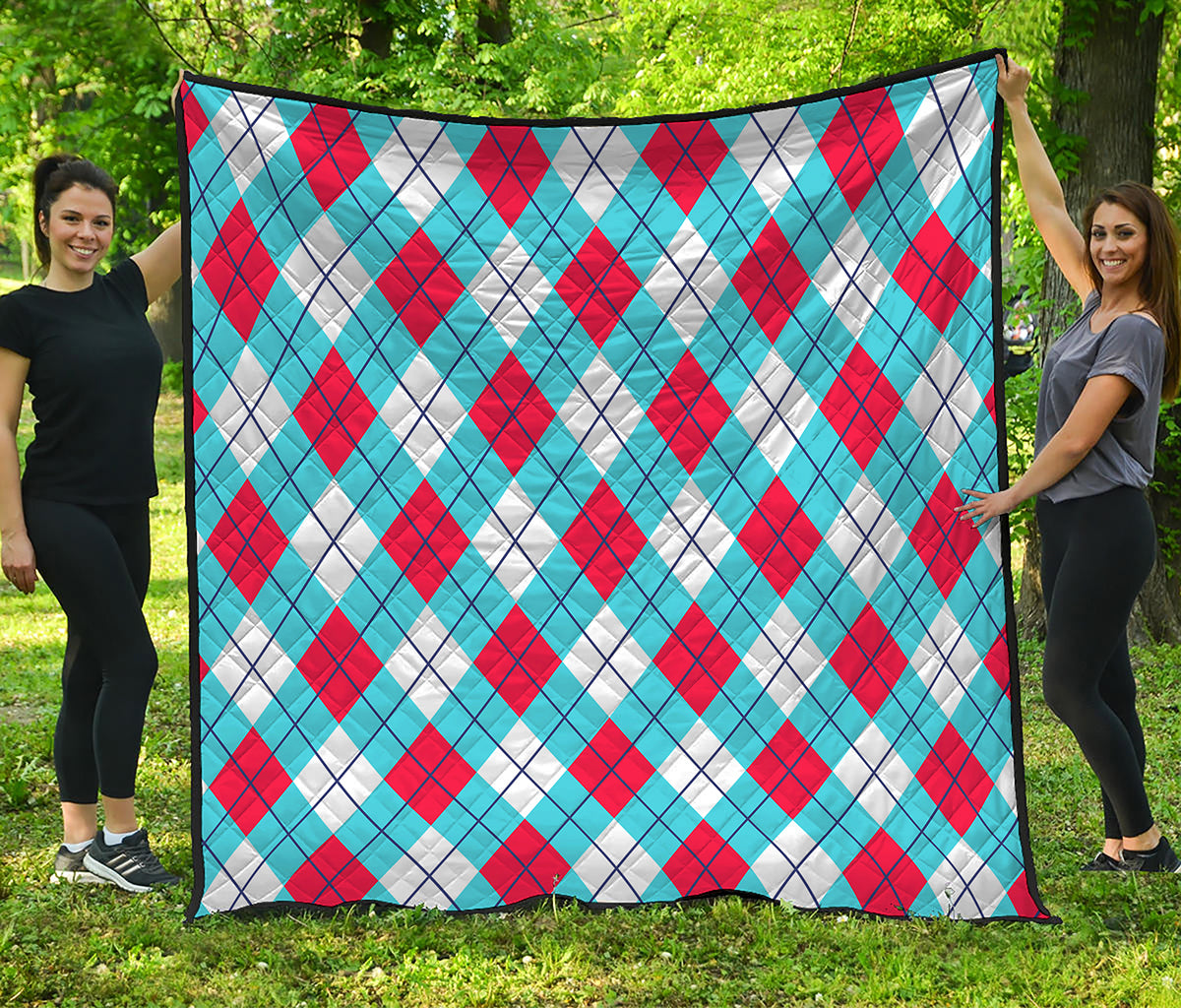 Red Blue And White Argyle Pattern Print Quilt