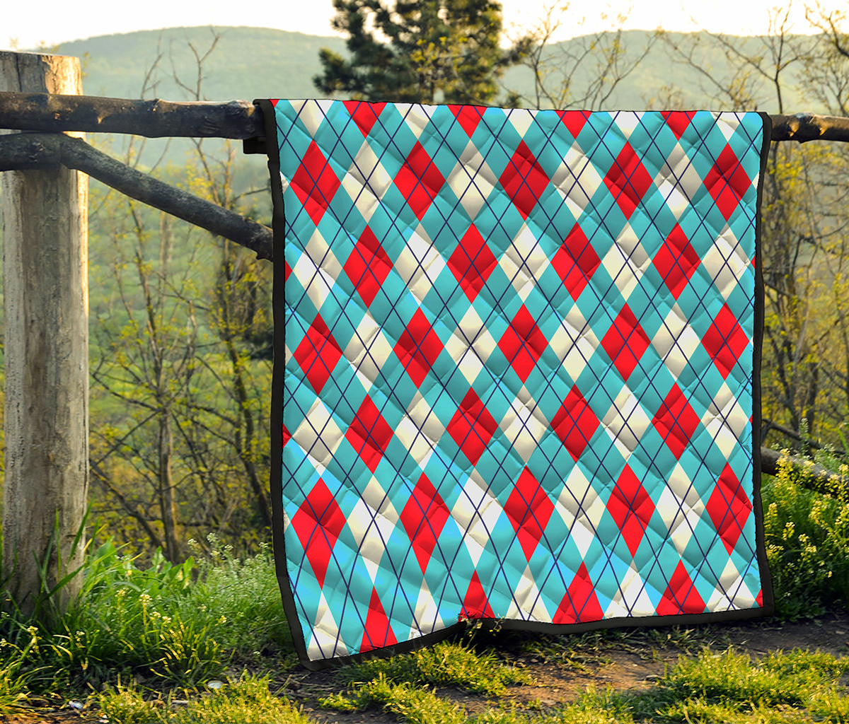 Red Blue And White Argyle Pattern Print Quilt