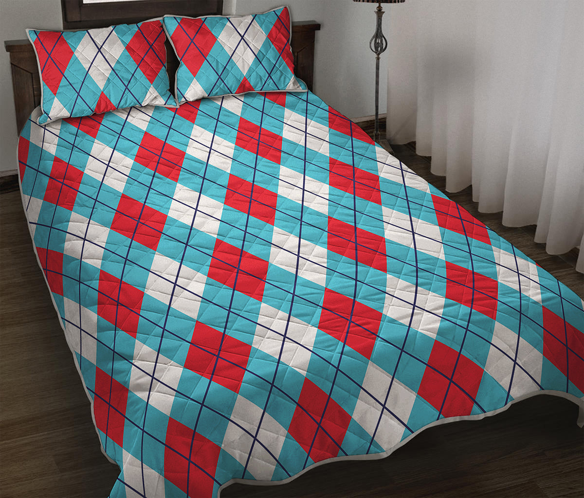 Red Blue And White Argyle Pattern Print Quilt Bed Set