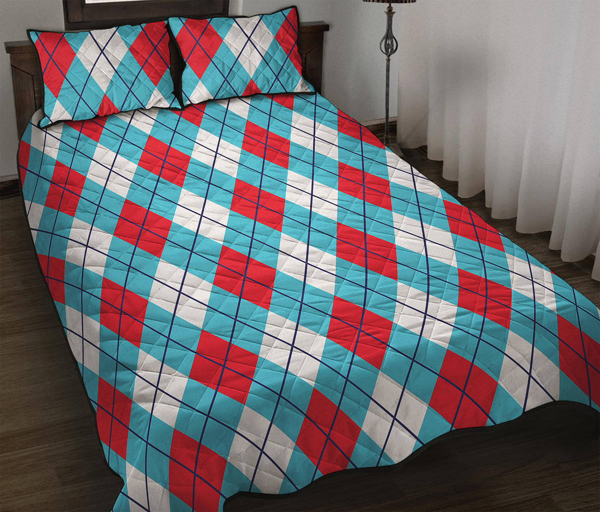 Red Blue And White Argyle Pattern Print Quilt Bed Set