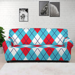 Red Blue And White Argyle Pattern Print Sofa Cover