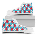 Red Blue And White Argyle Pattern Print White High Top Sneakers