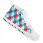 Red Blue And White Argyle Pattern Print White High Top Shoes