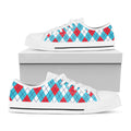 Red Blue And White Argyle Pattern Print White Low Top Sneakers