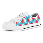Red Blue And White Argyle Pattern Print White Low Top Shoes