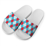 Red Blue And White Argyle Pattern Print White Slide Sandals