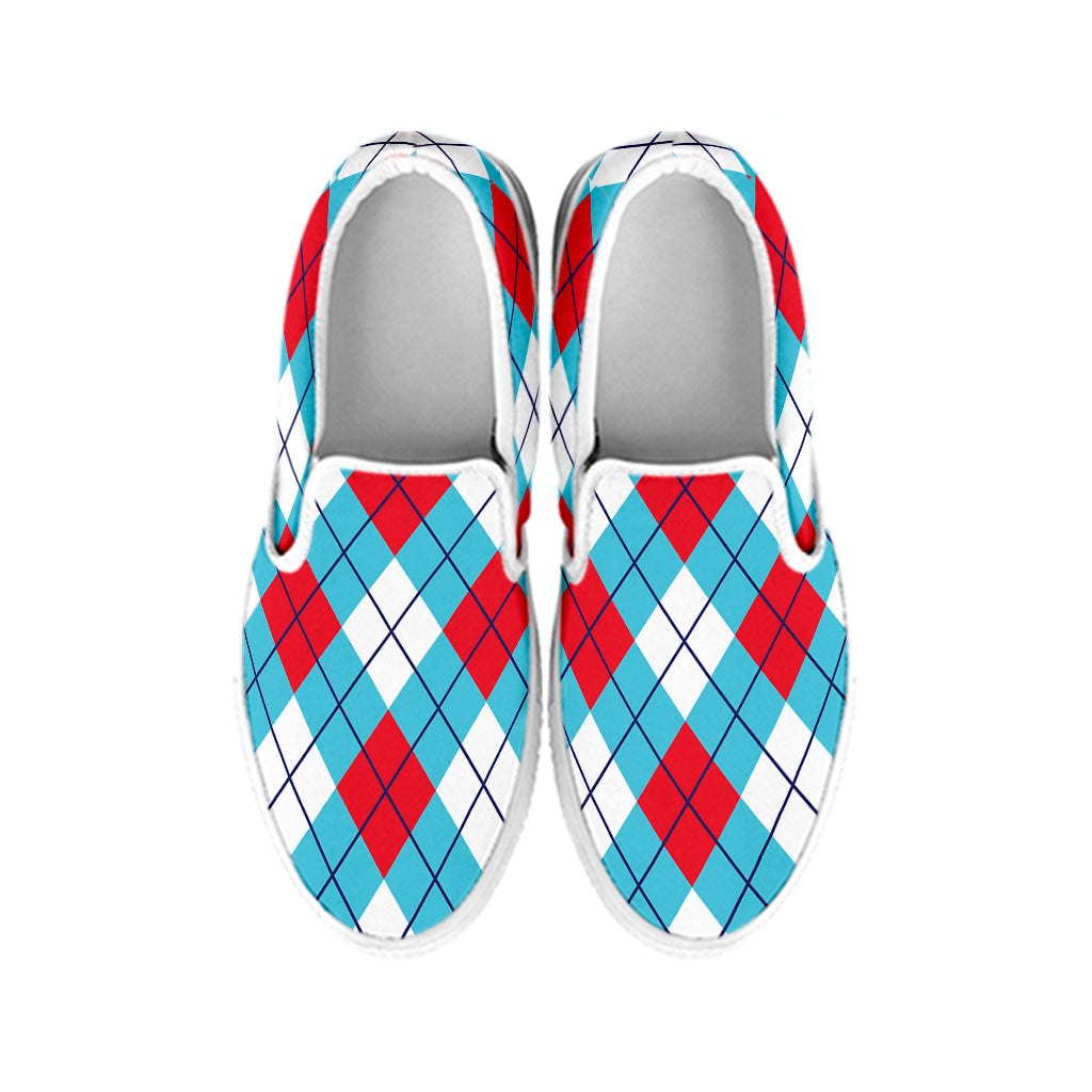 Red Blue And White Argyle Pattern Print White Slip On Shoes
