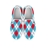 Red Blue And White Argyle Pattern Print White Slip On Shoes