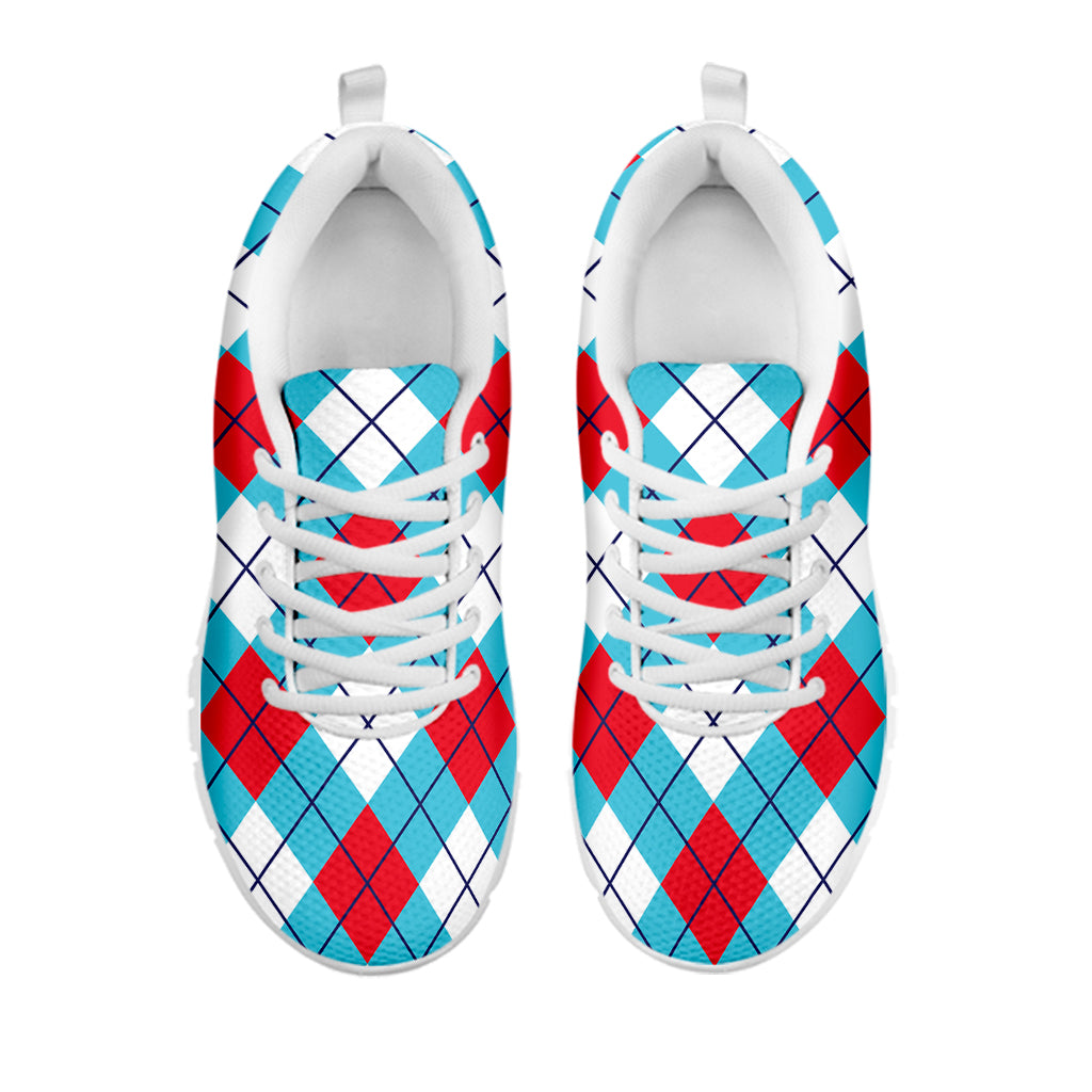 Red Blue And White Argyle Pattern Print White Sneakers