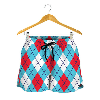 Red Blue And White Argyle Pattern Print Women's Shorts