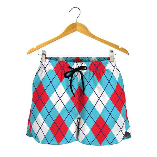 Red Blue And White Argyle Pattern Print Women's Shorts
