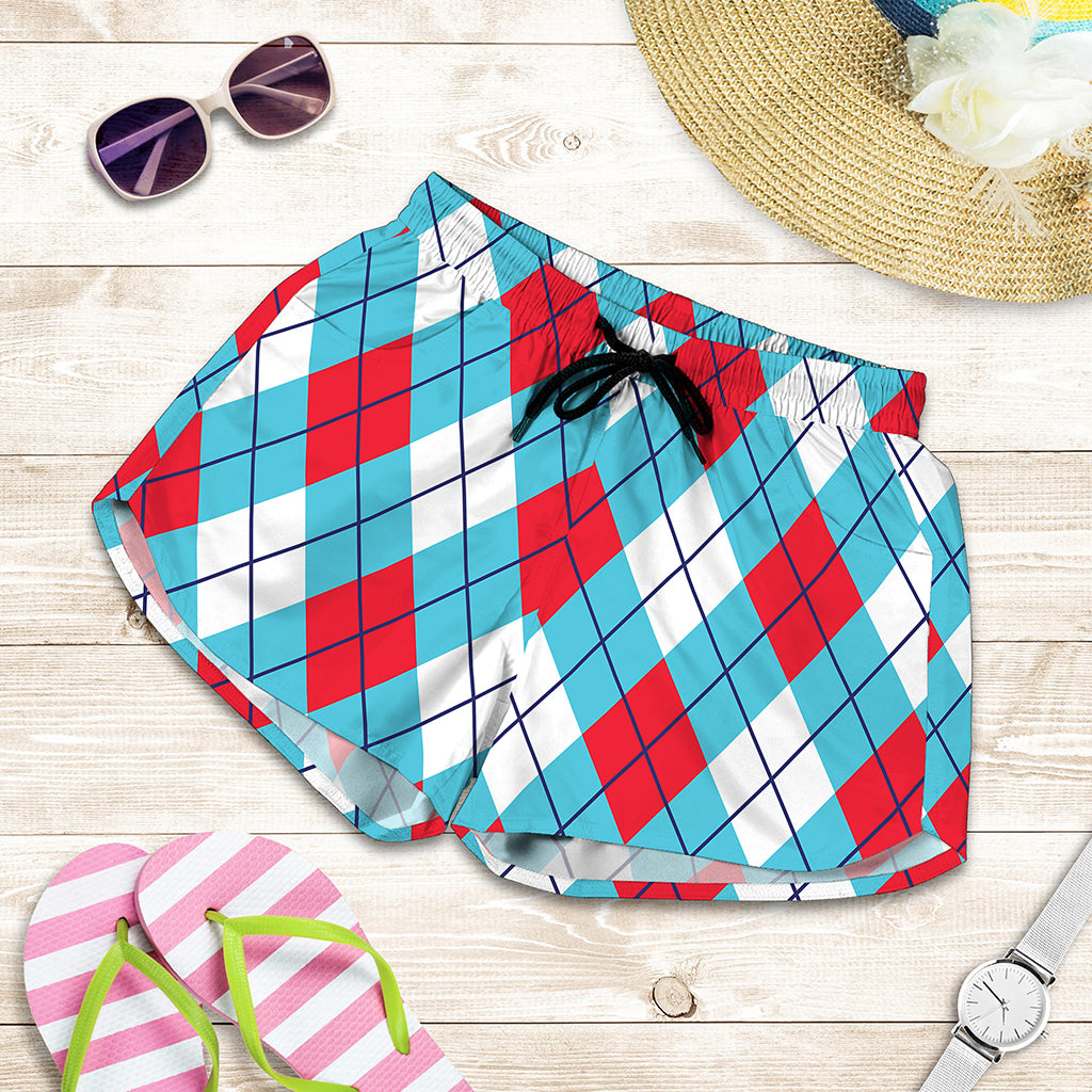 Red Blue And White Argyle Pattern Print Women's Shorts