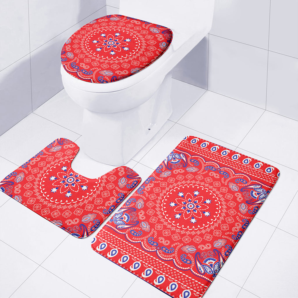 Red Blue And White Bandana Print 3 Piece Bath Mat Set