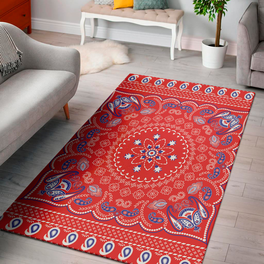 Red Blue And White Bandana Print Area Rug