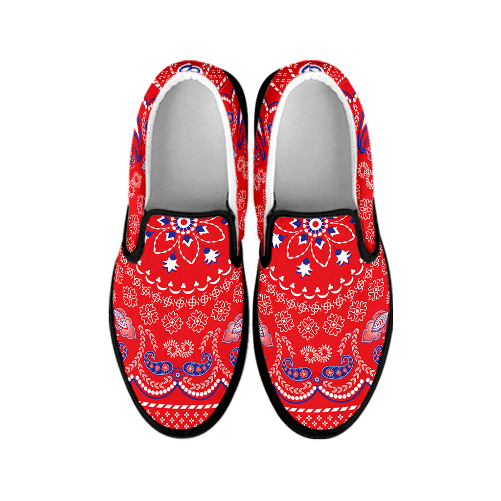 Red Blue And White Bandana Print Black Slip On Shoes