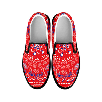 Red Blue And White Bandana Print Black Slip On Shoes