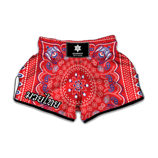 Red Blue And White Bandana Print Muay Thai Boxing Shorts