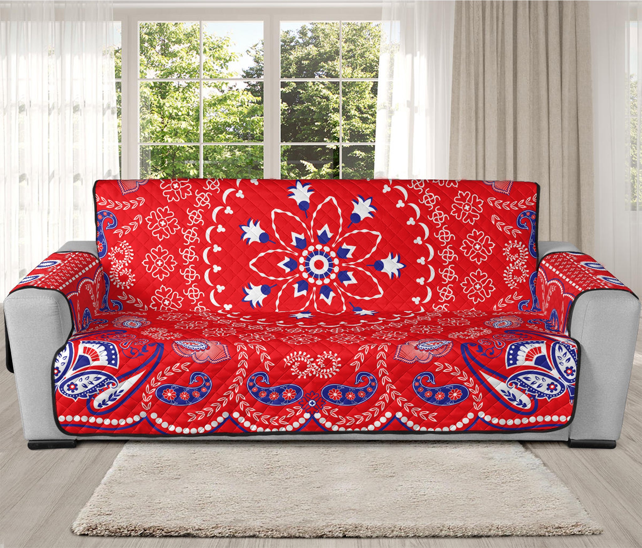 Red Blue And White Bandana Print Oversized Sofa Protector