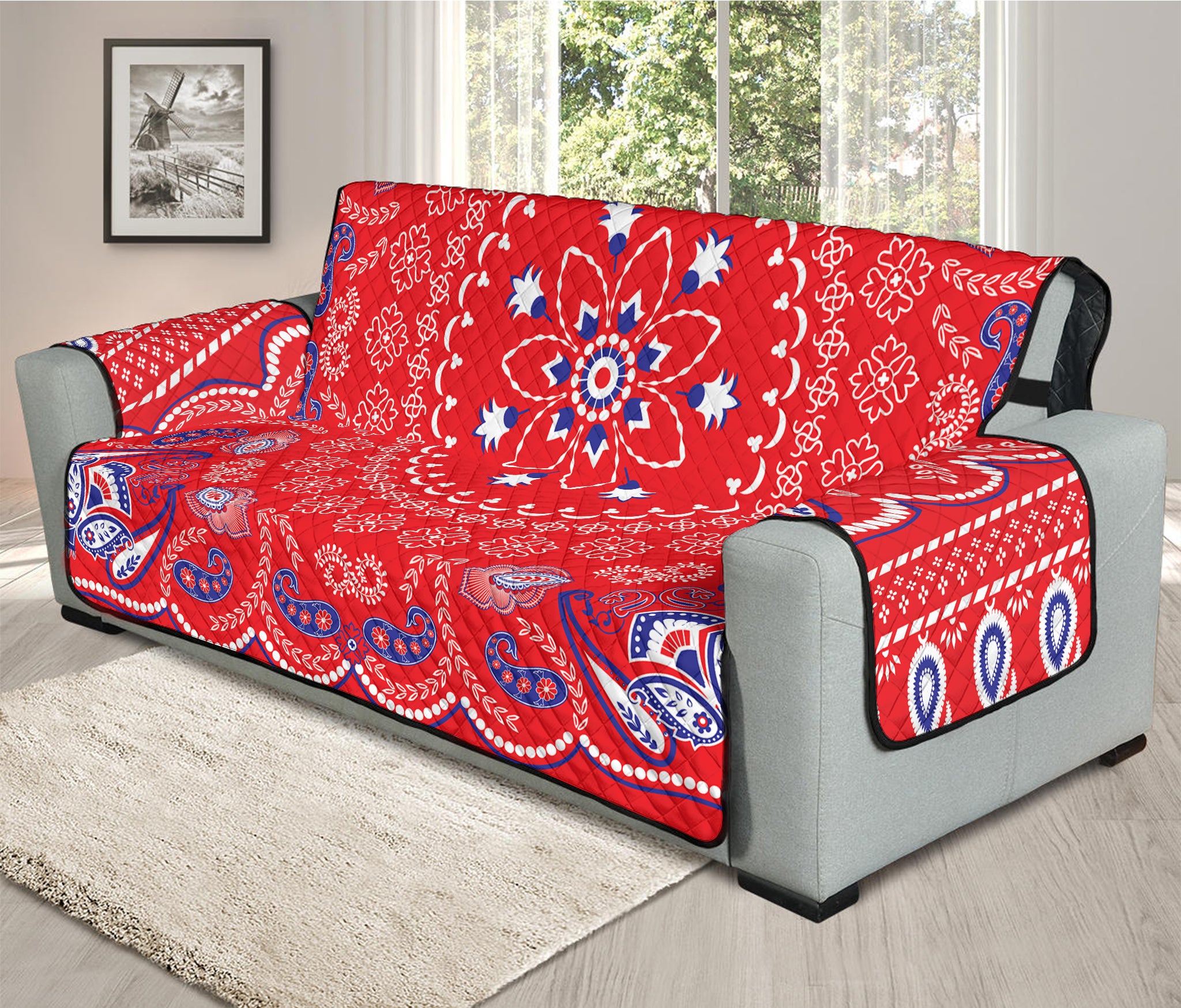 Red Blue And White Bandana Print Oversized Sofa Protector