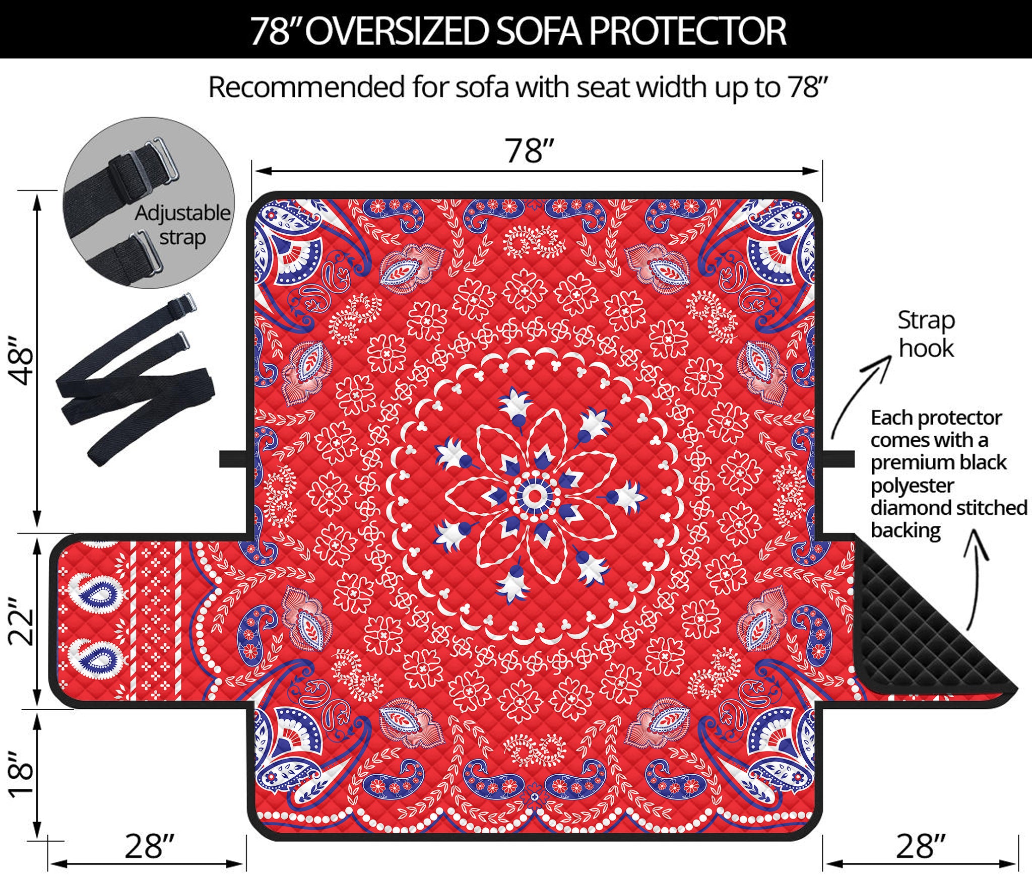 Red Blue And White Bandana Print Oversized Sofa Protector