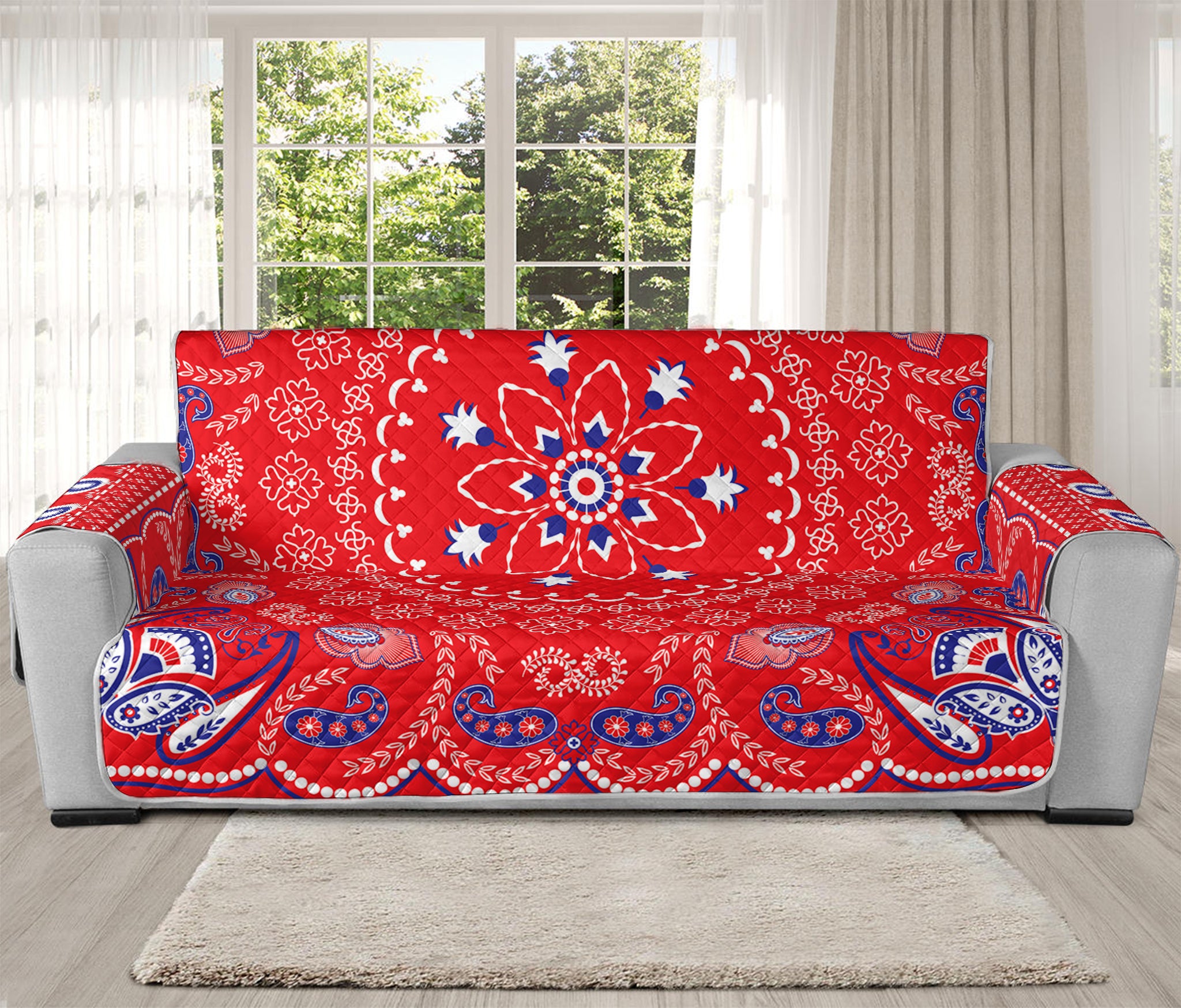 Red Blue And White Bandana Print Oversized Sofa Protector