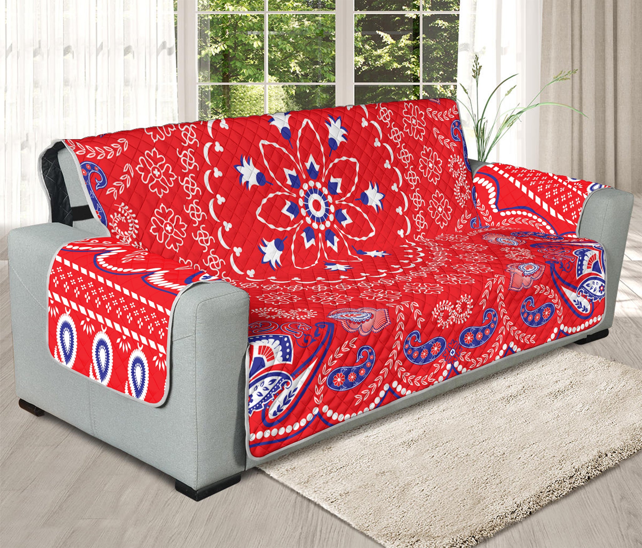 Red Blue And White Bandana Print Oversized Sofa Protector