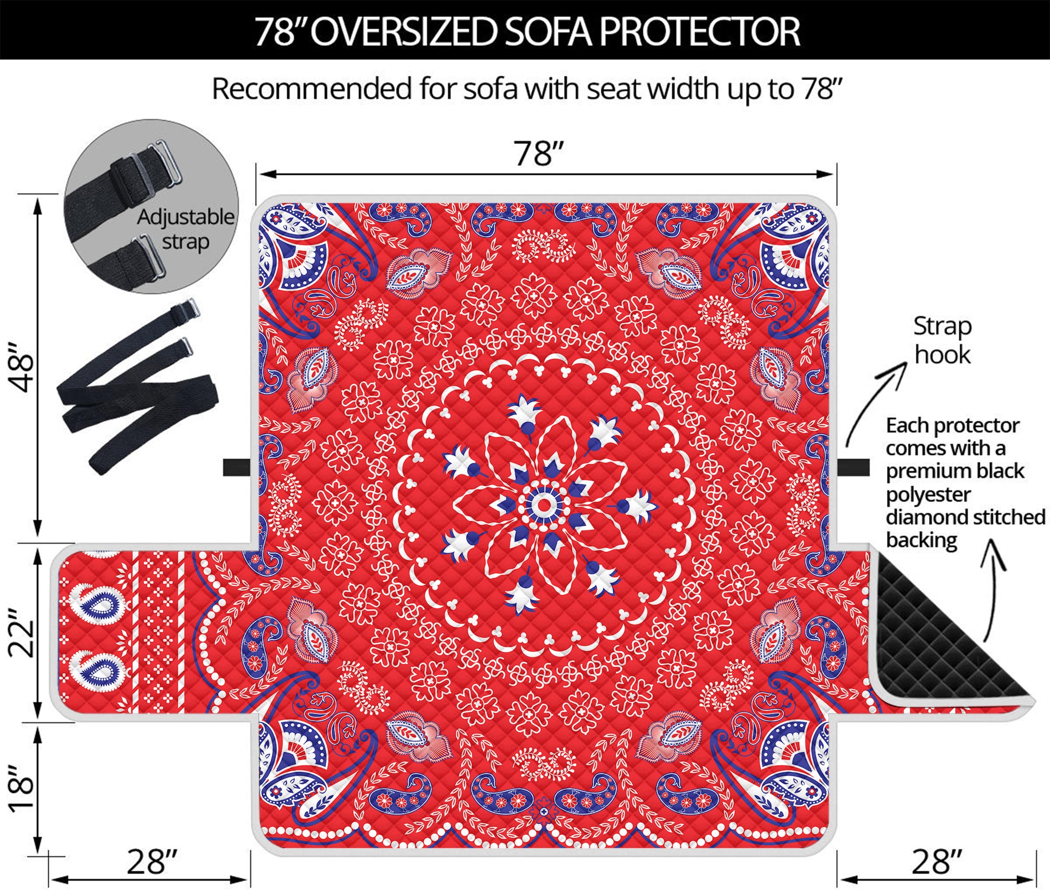 Red Blue And White Bandana Print Oversized Sofa Protector