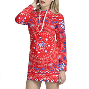 Red Blue And White Bandana Print Pullover Hoodie Dress