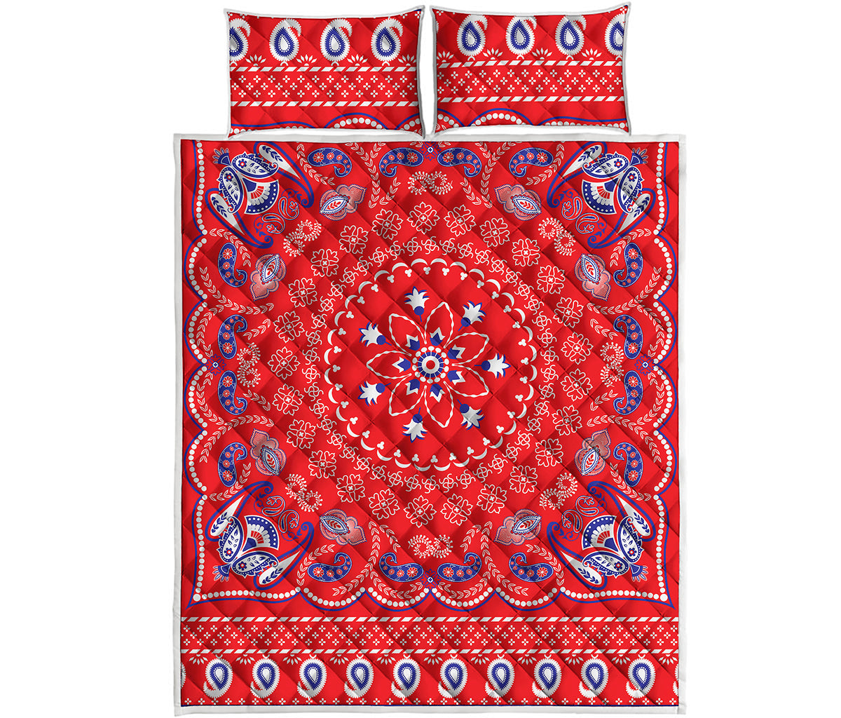 Red Blue And White Bandana Print Quilt Bed Set