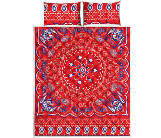 Red Blue And White Bandana Print Quilt Bed Set