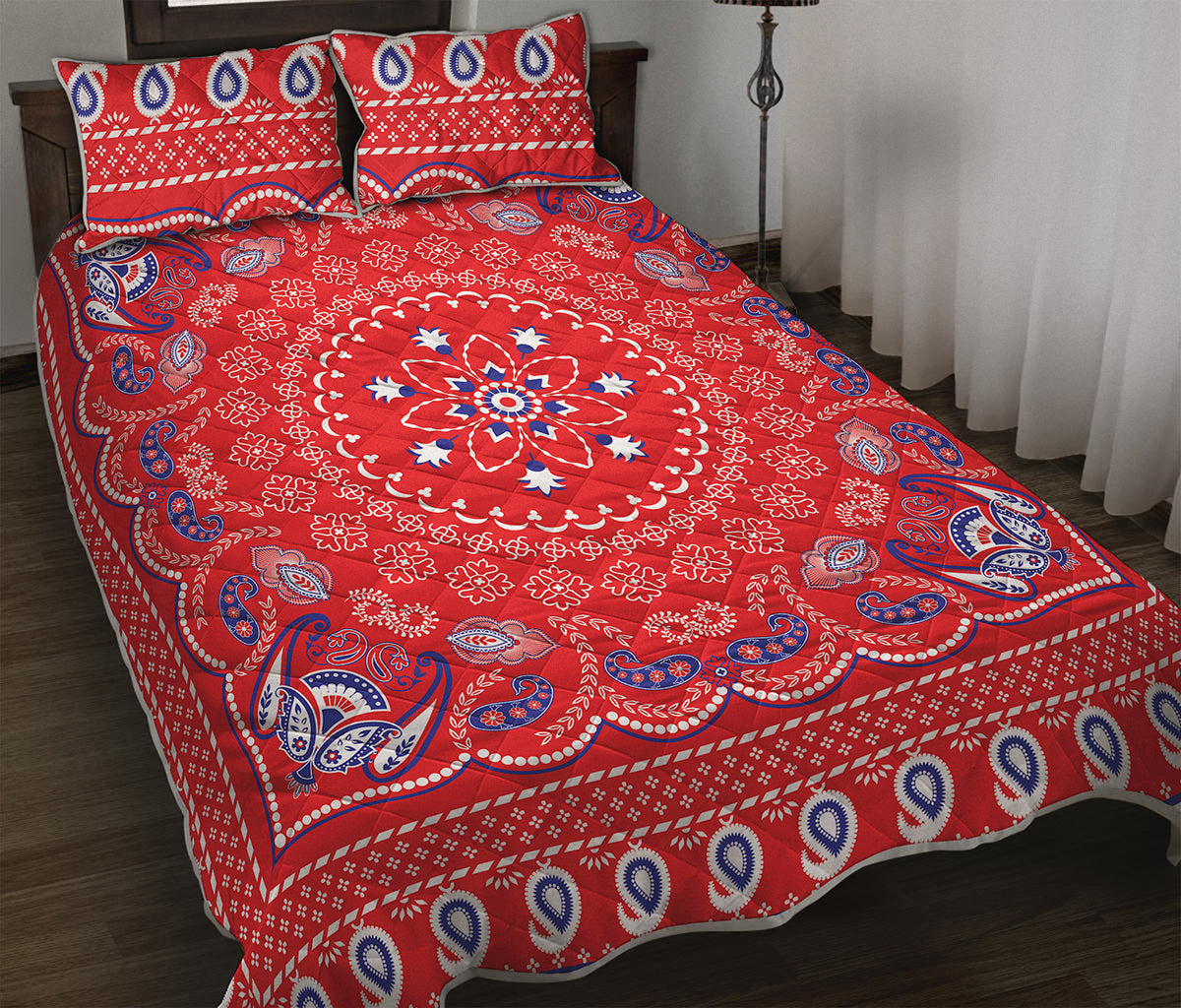 Red Blue And White Bandana Print Quilt Bed Set