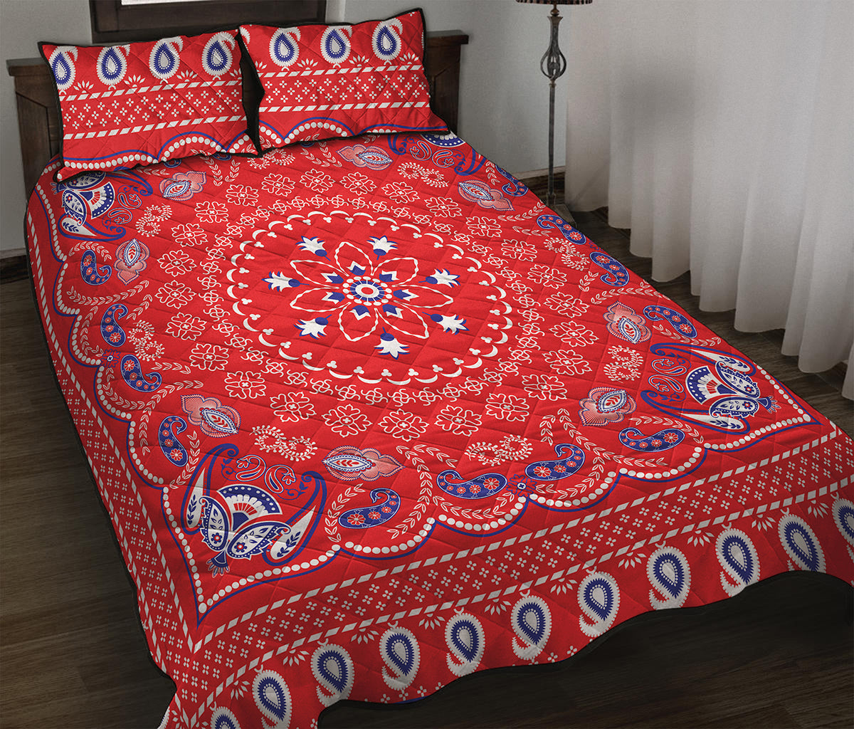 Red Blue And White Bandana Print Quilt Bed Set
