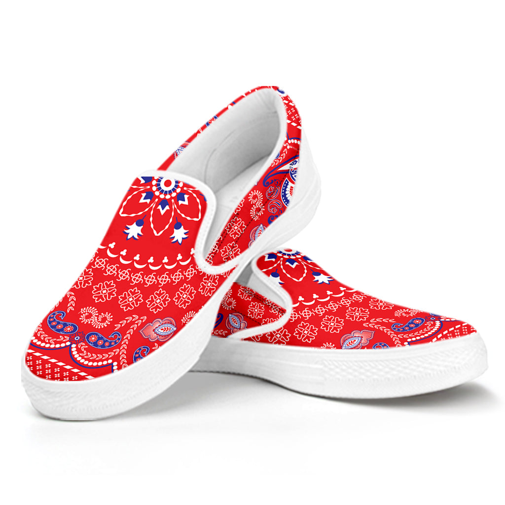 Red Blue And White Bandana Print White Slip On Shoes