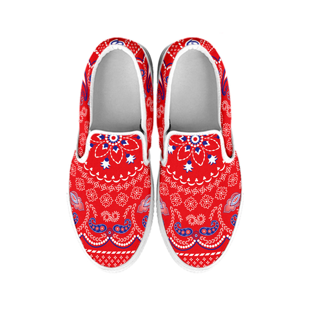 Red Blue And White Bandana Print White Slip On Shoes