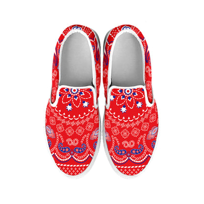 Red Blue And White Bandana Print White Slip On Shoes