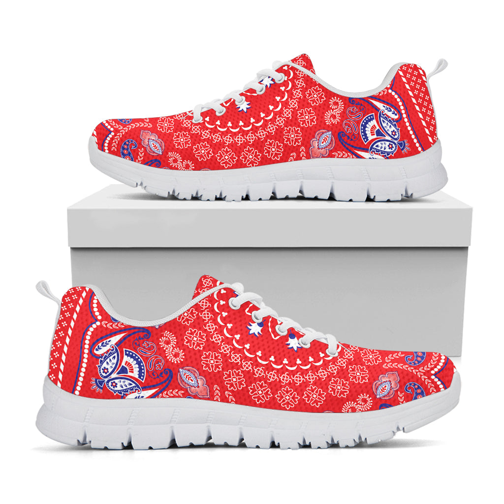 Red Blue And White Bandana Print White Sneakers