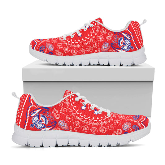 Red Blue And White Bandana Print White Sneakers