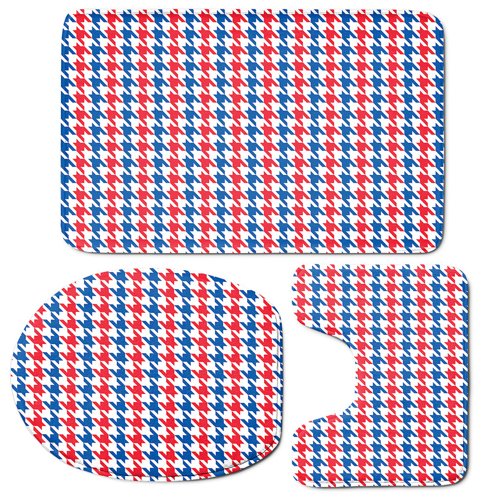 Red Blue And White Houndstooth Print 3 Piece Bath Mat Set