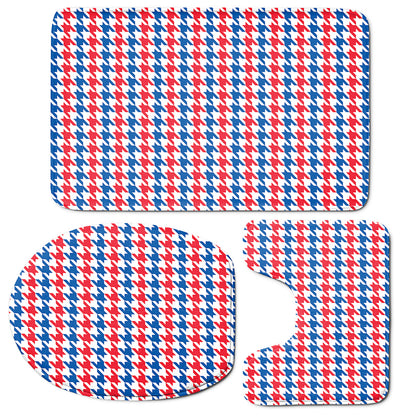 Red Blue And White Houndstooth Print 3 Piece Bath Mat Set